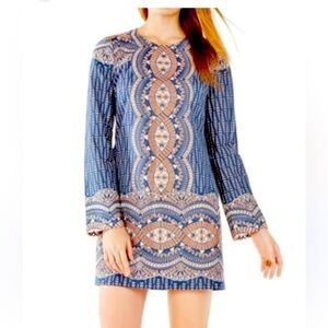 BCBG MAXAZRIA Alina woman cotton 70's bohemian hippie mini blue shift dress L